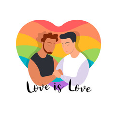 Love is love - Homosexual gay couple and the heart rainbow background of the LGBT community flag vector design