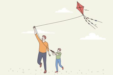 Happy fathers day and leisure concept. Smiling positive man parent dad and his son playing with flying kite together outdoors on sunny summer day vector illustration 