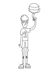 Outlined tall guy basketball player in flat line art doodle style, spinning the ball on his finger, vertical lettering Tall.