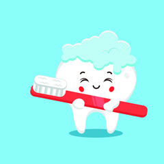 Happy cartoon tooth character brushing himself with toothbrush and toothpaste foam. Funny motivational clipart. Flat vector illustration