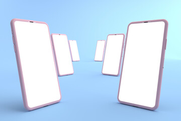 3D rendering of mockups pink Smartphone white screen on blue floor, Pink Mobile phone lay down on the ground. Smartphone white screen can be used for commercial advertising,Isolated on blue background