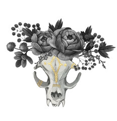 Composition of black flowers and a skull. Drawn by hand. Watercolor technique. Paper texture. Gothic. Halloween. Blank. Isolated elements
