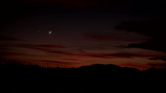 Night View, Crescent Moon And Star On Black Sky.