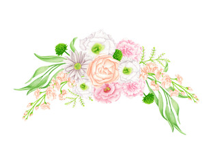 Obraz na płótnie Canvas Watercolor flower bouquet illustration. Hand painted floral arrangement isolated on white background. Elegant blush, white and pink flower heads with leaves for wedding invitations, cards.