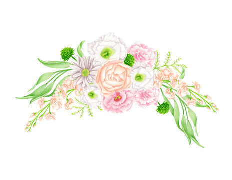Watercolor flower bouquet illustration. Hand painted floral arrangement isolated on white background. Elegant blush, white and pink flower heads with leaves for wedding invitations, cards.