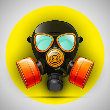 Gas mask respirator skull breather on round background. Protective radiation suit in circle badge. Breathing gas mask apparatus with two filters. Color illustration