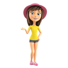 Cartoon character cheerful little girl in a pink hat on a white background. 3d render.