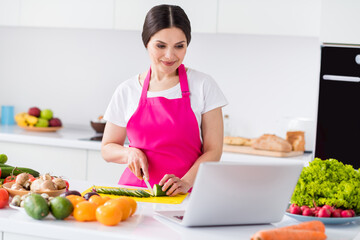 Photo portrait woman in apron watching video recipe on laptop cutting cucumber