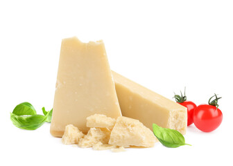 Delicious parmesan cheese, cherry tomatoes and basil on white background