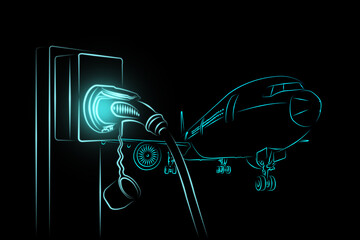 Illustration sketch light blue color outline shape of electric aircraft charger station with plug power cable supply and passenger or cargo airplane isolated on black background