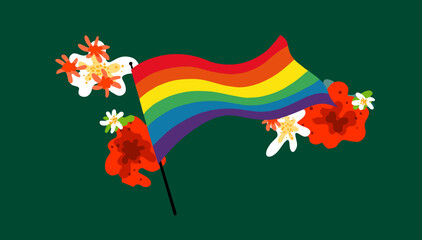Vector Illustration of a Rainbow Pride flag blowing in the wind. In the background are colorful flowers. 