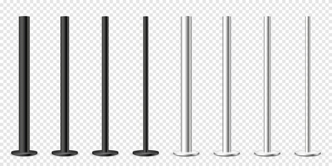 Realistic metal poles collection isolated on transparent background. Glossy steel pipes of various diameters. Billboard or advertising banner mount, holder. Vector illustration.