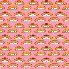 Sushi with cute character seamless pattern, Vector-Illustration graphic, Salmon Sushi Japanese Food with bright background.