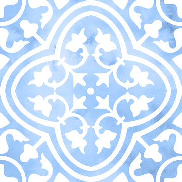Blue mosaic tiles repeat pattern, Spanish tiles geometric pattern, mediterranean seamless paper  for wedding, home decor, textile, posters,  greeting cards, web site, ceramics