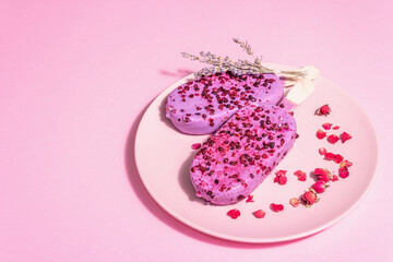Lavender and rose petals ice cream, sweet chilled dessert
