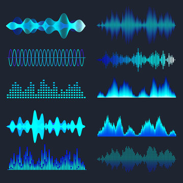 Blue colorful sound waves collection. Analog and digital audio signal. Music equalizer. Interference voice recording. High frequency radio wave. Vector illustration.