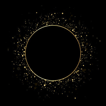 Vector round gold frame with glitter and flares.