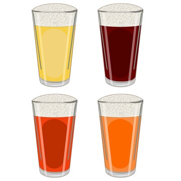 Set with craft beer in American pints for banners, flyers, posters, cards. Light and dark beer, ale, and lager. Beer Day. October fest. Cartoon style. Vector illustration isolated on white background.