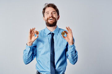 bearded man in glasses with cryptocurrency bitcoin financial technology bank economy