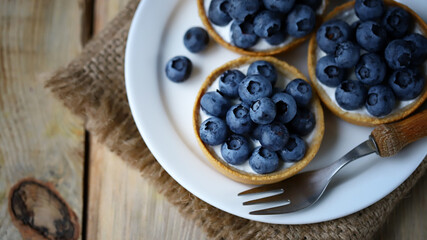 Blueberry tartlets on a plate. Healthy berry dessert. Summer cooking.