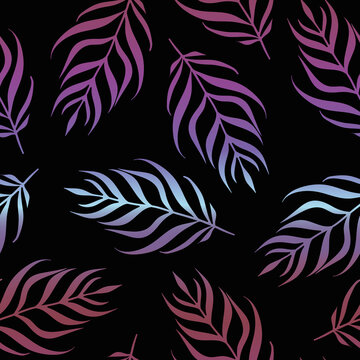 Vector Gradient Tropical Leaves on Black seamless pattern background. Perfect for fabric, wallpaper and scrapbooking projects.