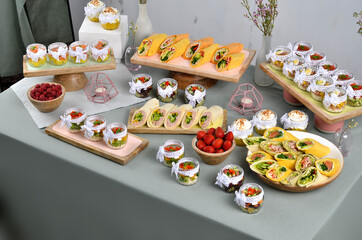 Several beautiful and delicious dishes for a buffet or banquet. A restaurant. Catering.