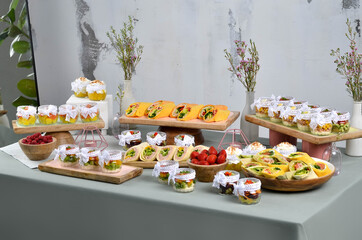 Several beautiful and delicious dishes for a buffet or banquet. A restaurant. Catering.