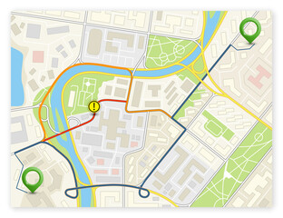 City map navigation route, color point markers design background, flat drawing schema, simple city plan GPS navigation, itinerary destination arrow paper city map. Route delivery check point graphic