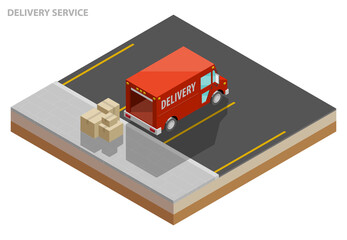 Isometric delivery van. Cargo truck transportation box on route, Fast delivery logistic 3d carrier transport, 3d flat isometry city freight car, infographic loading goods. Low poly style vehicle truck