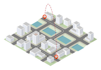Isometric city map navigation, point markers background, isometry drawing schema, 3D simple city plan GPS navigation, final destination arrow paper city map. Route delivery check point graphic
