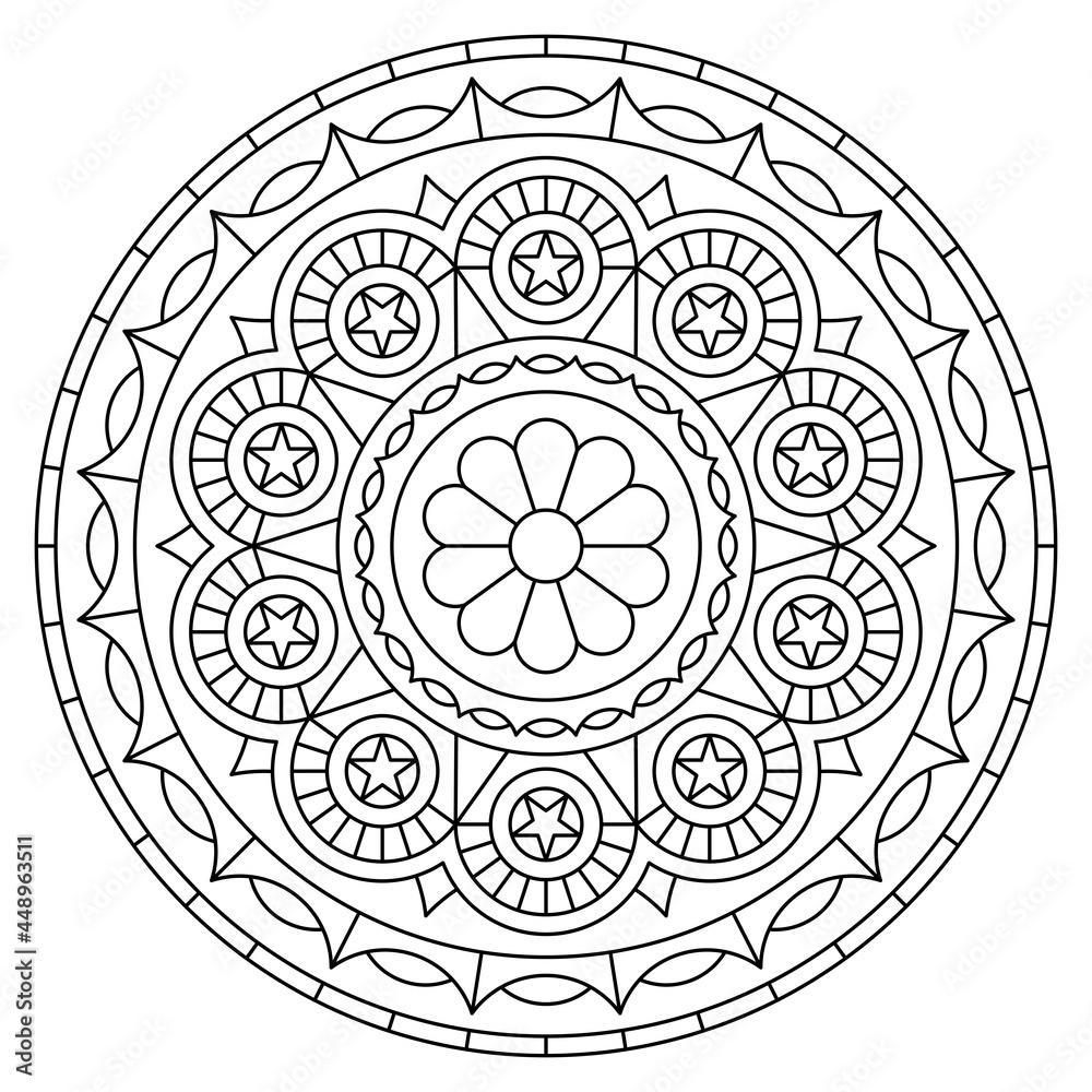 Sticker Coloring book with black and white mandala with floral pattern. Vector drawing.