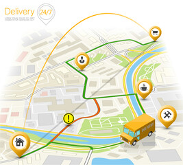 Delivery navigation route, City map point marker isometric delivery van, schema itinerary delivery car, city plan GPS navigation itinerary destination arrow city map Route check point business graphic