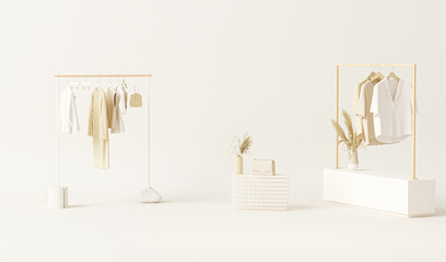 Clothes on shelf, dry flower pot, mannequin on cream background. Collection of clothes hanging on a rack in pastel cream and neutral beige colors. 3d render, studio, store and bedroom concept
