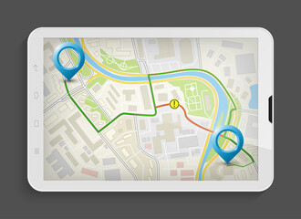 City map route navigation smartphone, phone point marker, application drawing schema, simple city plan GPS navigation tablet, itinerary destination arrow paper city map. Route delivery check point
