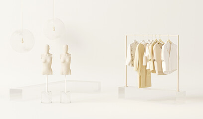 Clothes on shelf, dry flower pot, mannequin on cream background. Collection of clothes hanging on a rack in pastel cream and neutral beige colors. 3d render, studio, store and bedroom concept
