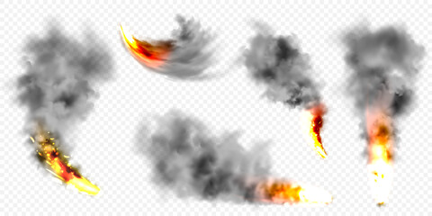 Fototapeta premium Realistic black smoke clouds and fire. Flame blast, explosion. Stream of smoke from burning objects. Forest fires. Transparent fog effect. Vector design element.