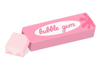Pink bubble gum pack with one piece out. Cute and sweet chewing candy vector illustration. Vintage looking package in flat style