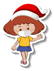 A sticker template with a girl wearing mask in Christmas theme