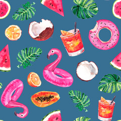 Watercolor hand painted summer tropical holiday beach, cocktails and botanical leaves illustration seamless pattern, wallpaper, wrapping paper