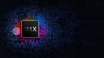 M1X cpu chip. Digital computer processor, network motherboard chip on dark technology background. Modern technologies concept.
