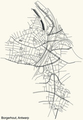 Black simple detailed street roads map on vintage beige background of the quarter Borgerhout district of Antwerp, Belgium