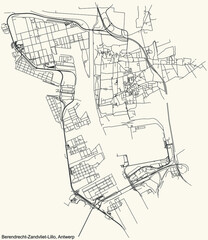 Fototapeta na wymiar Black simple detailed street roads map on vintage beige background of the quarter Berendrecht-Zandvliet-Lillo district of Antwerp, Belgium