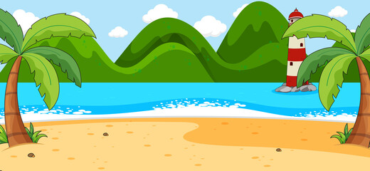 Fototapeta na wymiar Empty beach scene with coconut trees and mountain in simple style