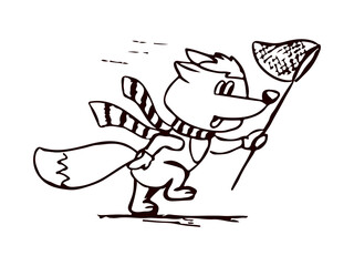 Cute fox character runs with a butterfly net in his hand. Vector black and white illustration in doodle style