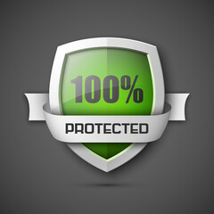 100% Protected guard shield concept. 100% safety badge icon. Privacy guarantee shield banner. Security guarantee label. Defense tag. Presentation shining sticker shape. Defense safeguard shield