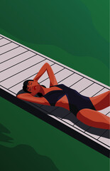 Digital illustration of a girl in a swimsuit in the summer resting on vacation sunbathes on the pier and swims in the sea