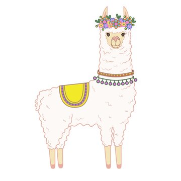 Cute llama with flowers on his head. Vector illustration isolated on white background