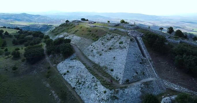 CORUM, TURKEY - Jul 07, 2021: A drone view of the Yerkapi pyramid of Hattusa Hattiti ancient city in Turkey