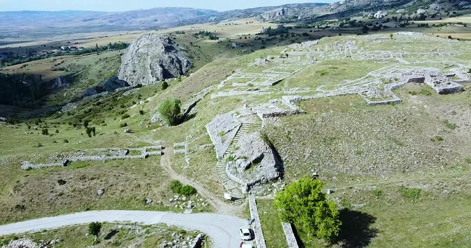 CORUM, TURKEY - Jul 07, 2021: A drone view of the ruins of Royal Castle of Hattusa in Turkey - the palace of Hittite king