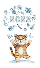 Cute tigers. Nature jungle pattern. Childish style.Symbol of 2022. Hand drawn watercolor illustration